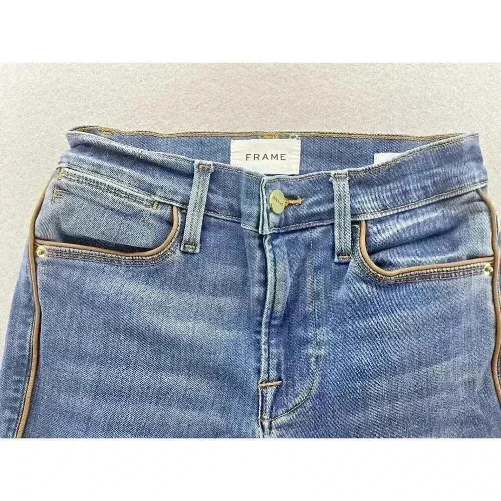 Frame Le High Skinny Jeans leather tuxedo piping Denim Mid Rise Stretch - Picture 7 of 15